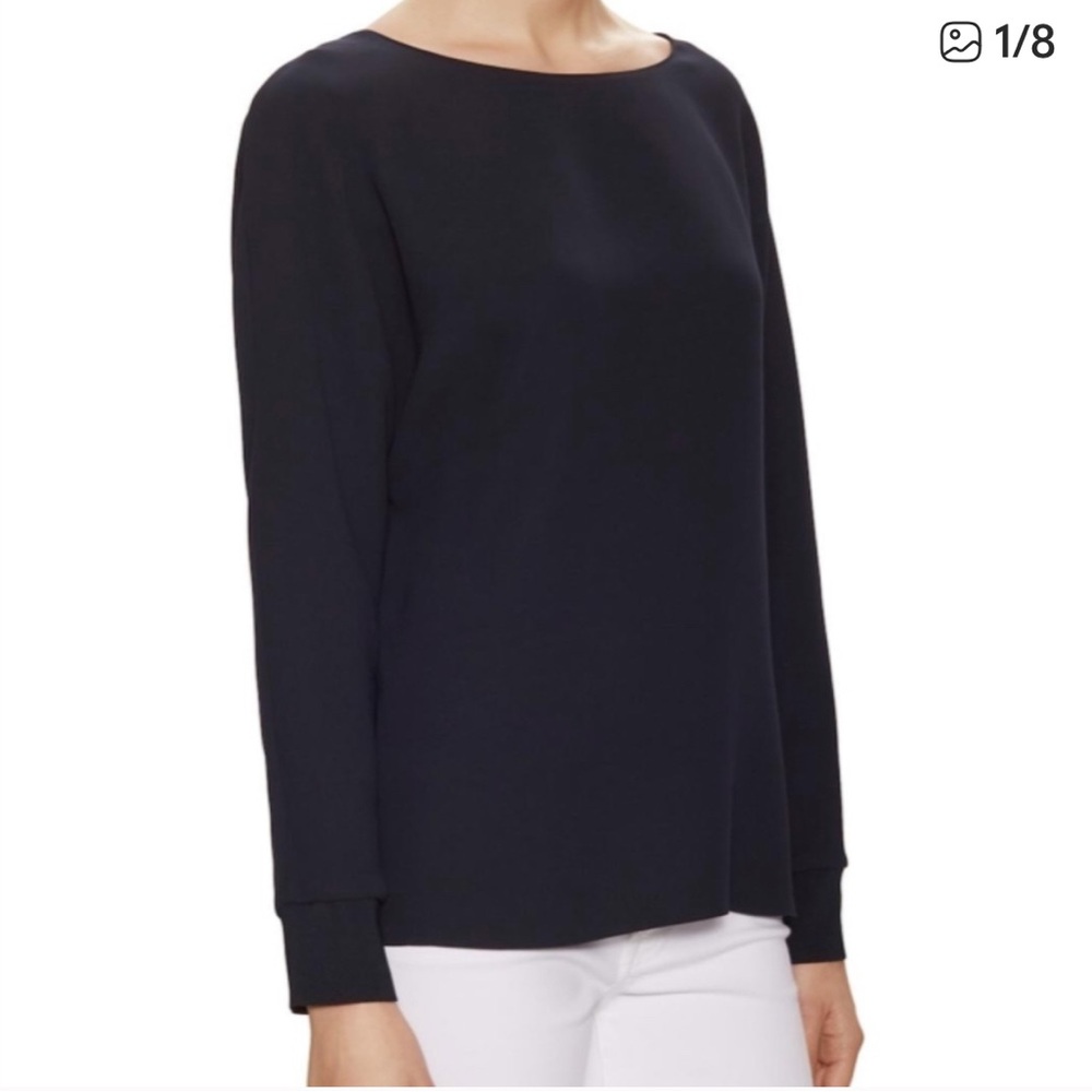 Vince Women's Rib Cuff Dolman Sleeve Blouse Top Navy Blue Size Medium